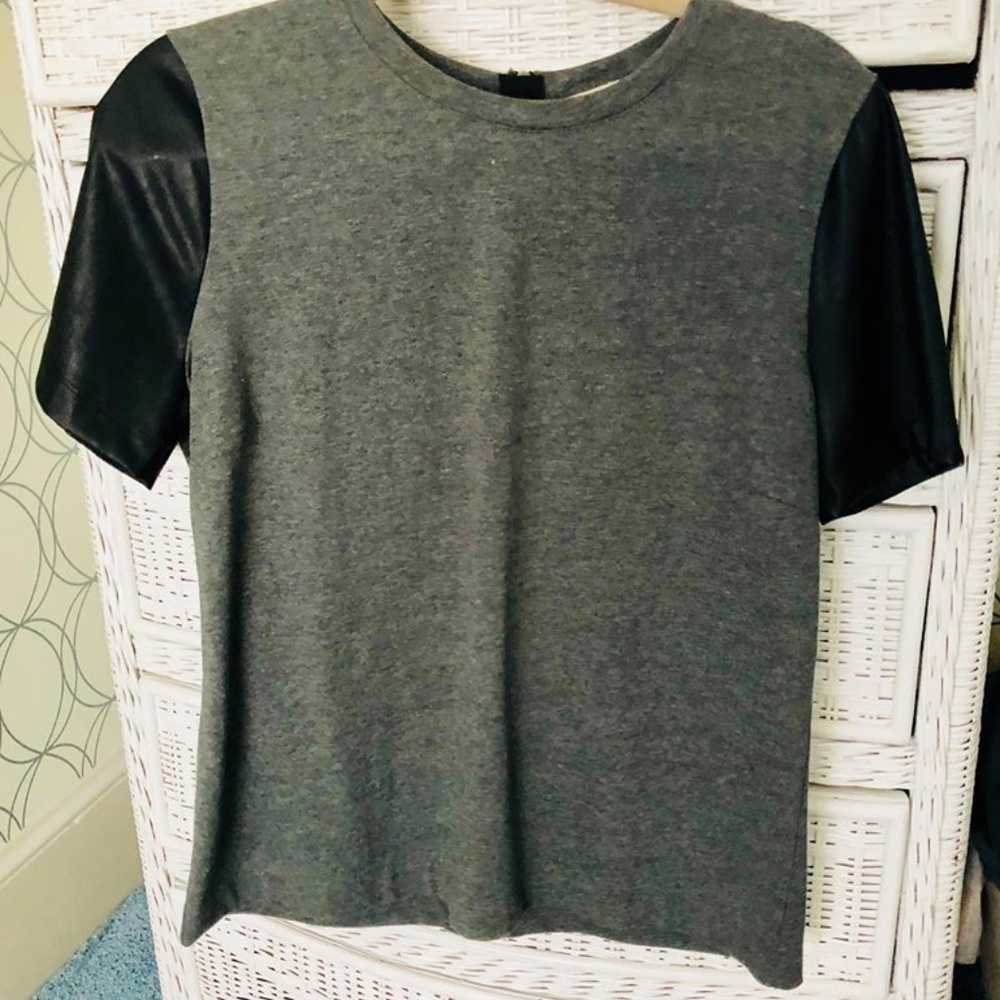 Jcrew - grey top with black leather sleeves